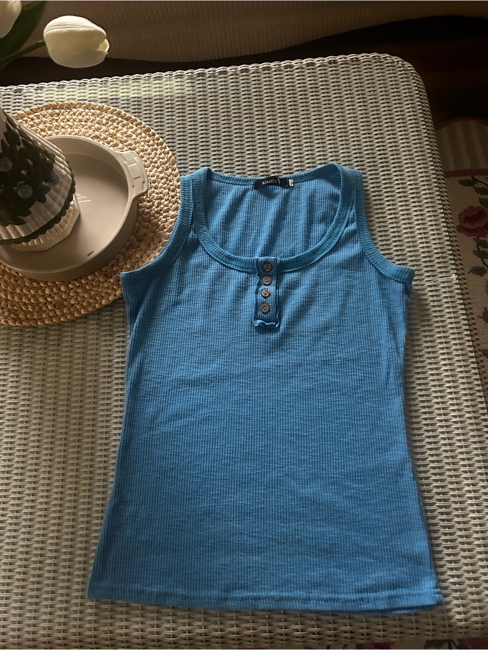 Sleeveless Ribbed Tank Top in Sky Blue with Button Placket